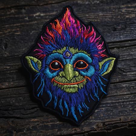 A embroidered patch of a vibrant cute troll. The patch is sitting on an old rustic black wooden table, cinematic, dynamic, dramatic atmosphere, precise, elegant, highly detailed, extremely scientific, beautiful, intricate, sharp focus, inspired, color deep royal, very artistic, innocent, light glowing
