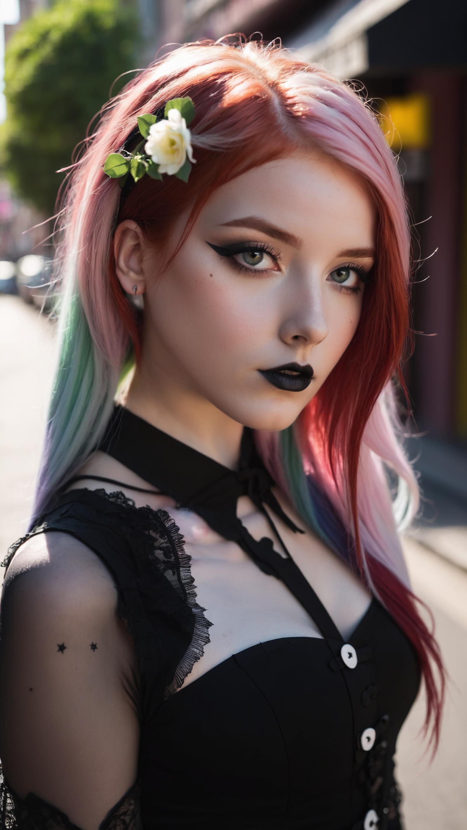 A young woman with vibrant red hair and a black lipstick, wearing a black lace top and a white flower in her hair.