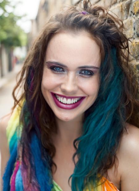 professional photography, portrait of a hippie woman in an alleyway, drunk smile, messy rainbow hair, bold, bright colours, (high detailed skin:1.1)
 <lora:jennie_jacques_lora_v01:1> jenjac