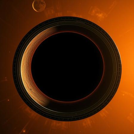 view of a atronomically sized metal ring in orbit around around a sun. the inside of the ring is textured like a habitable planet. ringworld