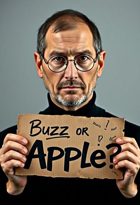 A highly detailed mugshot of a man resembling Steve Jobs, shown from the shoulders up. The man has a sad, contemplative expression with slightly downturned eyes and a subtle frown. The lighting is well-done, illuminating his face clearly without harsh shadows. The background is plain, and he is holding a piece of cardboard in front of him. The cardboard is weathered with a rough texture, edges slightly torn, and it has bold, stylish lettering that reads 'Buzz or Apple?' in a mix of futuristic and handwritten fonts. The sign has a few doodles and small symbols around the text, making it look unique and cool. The image should be realistic, capturing a somber mood with attention to the texture of his skin, his iconic round glasses, and the simplicity of his black turtleneck shirt