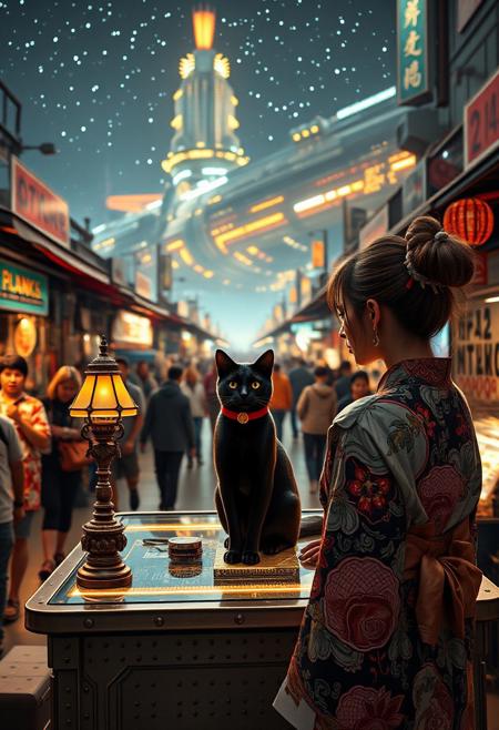 Setting is a futuristic cyberpunk street market at night, the market is comprised of street vendors selling robot parts, food, weapons, and robot pets. People wearing futuristic cyberpunk clothing are walking through the street market shopping and eating, A sleek black cat with red collar sits on a cluttered metal riveted desk with transparent top and micro-LED lighted computer components visible inside, On the desk is an ebony and gold maneki neko statue and a classic ornate art deco lamp, (((a beautiful woman, 24 years old, is standing in the foreground facing the viewer))), the sleek black cat with red collar is sitting on the desk and watching the people walking by in the busy street market, the woman is dressed in futuristic cyberpunk Japanese style kimono-style clothing that are sexy and Japanese classic aesthetic. An enormous art deco inspired starship with futuristic lighting and an enormous space station are visible in the background among the stars, The woman's hair is elegantly tied up with a ribbon. Artistic cyberpunk, dynamic perspective, (((overall architectural aesthetic is Art Deco Cyberpunk))).  Epic image that elicits a feeling of wonder and awe, part of the interior is visible,
