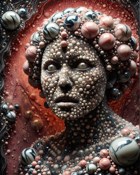 breathtaking nightmarish humanoid form covered in clusters of deep, irregular holes filled with glistening marbles, some cracked, others oozing a viscous fluid, marbles pulsing faintly with inner light like alien eggs, skin torn and stretched around the clusters, textures blending raw flesh with polished glass, chaotic and asymmetrical patterning, dim, investigative shot of Raspberry, Coral and Peach ("Yubel - Terror Incarnate":1.3) , 24mm lens, f/4, informative, intriguing, cold lighting casting sharp shadows into each cavity, background fades into a dark, foggy void, disturbing and hyperreal, horror surrealism style, designed to trigger intense ((((trypophobia)))) , unease<lora:Marbles_World_r1:1>, badge, cool colors, fertile, magnificent, glossy, elegant . award-winning, professional, highly detailed