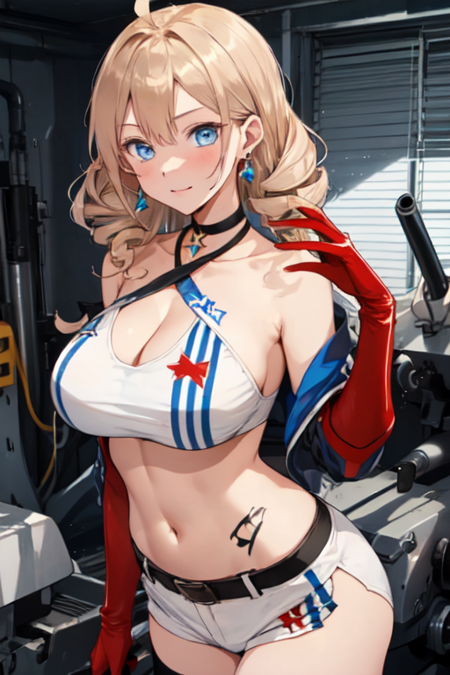 ChicagoAzurLane, 1girl, solo, long hair, blue eyes, blonde hair, large breasts, thighhighs, elbow gloves, navel, cleavage, bare shoulders, jewelry, collarbone, ahoge, sidelocks, earrings, white shorts, sleeveless, choker, midriff, crop top, micro shorts, tattoo, halterneck, single thighhigh, twin drills hair, red gloves, criss-cross halter, 