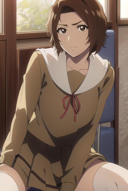 masakikurosaki, <lora:masakikurosakitest:1>,
masaki kurosaki, short hair, brown hair, (brown eyes:1.5),
BREAK skirt, ribbon, school uniform, pleated skirt, serafuku, socks, kneehighs, white socks,
BREAK looking at viewer,
BREAK indoors, classroom,
BREAK <lora:GoodHands-vanilla:1>, (masterpiece:1.2), best quality, high resolution, unity 8k wallpaper, (illustration:0.8), (beautiful detailed eyes:1.6), extremely detailed face, perfect lighting, extremely detailed CG, (perfect hands, perfect anatomy),