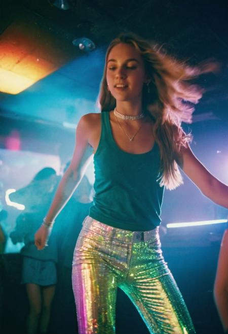 go pro photo, half body,y2k girl, 25 y.o. ,  girl dancing in a club, background blurred, y2k fashion, bright clothes 2000's, trousers,  few rhinestones in cloth with Glow effect ,  (Light leaks:1.3), blurry, grainy photo,  double exposure, high endurance, boke