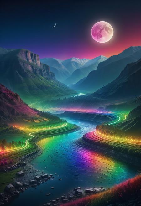 <embedding:lazympos>, rbg themed landscape, valley, river, mountains, night, full moon, glowing, rainbow colors <lora:Challenge_Winnifier_2025-03:0> <lora:RGB_Keyboard_themed-000008:1>