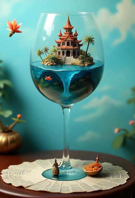 tilt-shift photo of best quality double exposure complex surreal painting on cracked paper, macro, microworld,  hyperdetailed,   insanely detailed, surreal, tiny genie spirit creature, flying oasis landscape placed inside a glass of wine on the table in room. waterfall, lotus flowers,temple palms desert filigree, table cinematic, big eyes 32k, by Rockwell, WLOP Ryniac, Craola, Disney, van Gogh, highly detailed, intricated, intricated pose, high quality, centered, perfect composition.,
<lora:Midjourney_-_SemiReal_Dreams_FLUX_LoRA:1>,<lora:hyper-detail-illustration:1>, Selective focus, miniature effect, blurred background, highly detailed, vibrant, perspective control