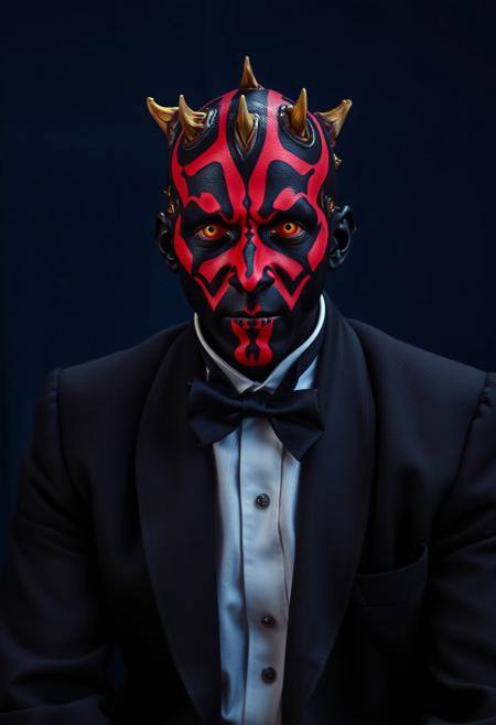 ​A studio shot hyper-realistic portrait of Darth Maul. He is sat in a formal tuxedo dinner suit. He wear a black jacket, crisp white shirt and black bow tie against a dark blue backdrop. He looks directly toward the camera. Professional studio portrait photography with classic portrait lighting and shallow depth of field against a seamless backdrop.