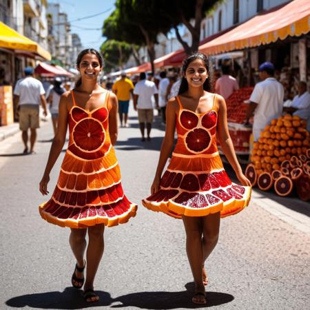 Brazilian girl, selling orange fruit in streets, wearing orange sliced shaped dress, <lora:blood_orange_world_morph_sdxl:1> , sunny day, people walking, vendor stand, blood orange style