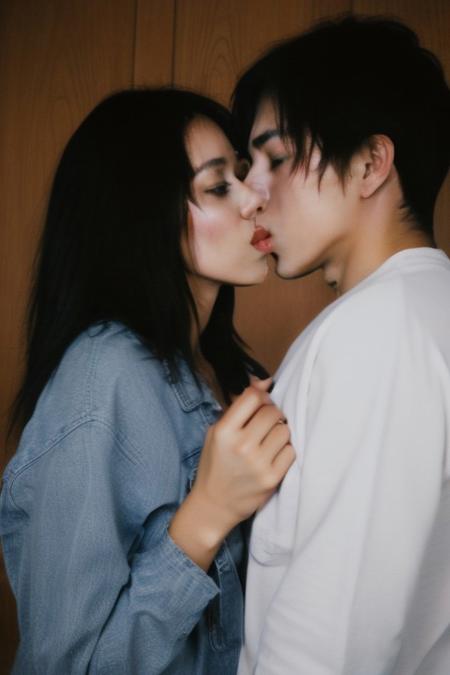 too cute to be true, mature woman,  close-up, messy hair, (nip slip:0.2), baggy clothes, armpit, full body, natural, no makeup, looking at viewer, finger on her lips, (((two men and one woman))) (((men kissing woman))) , threesome, (((two men)))