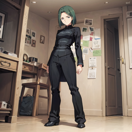 hisaumaiya an animation art that depicts a girl with black clothes and an unusual expression, 1girl, solo, green hair, short hair, full body, room background, indoors,