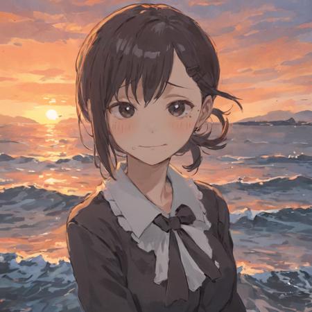 A masterpiece anime professional illustration of a woman named Higashiyama Kobeni by the ocean with beautiful sunset, happy, closeup portrait <lora:kobeni_xl-000010:1>