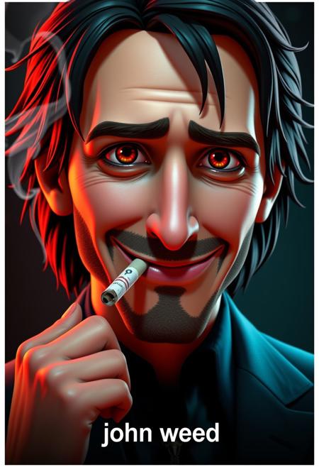disney pixar style john wick with red eyes, smoking 
rolled-up cigarette and smile  poster with the movie title  "john weed" below