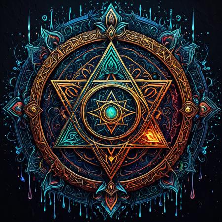 Finely detailed vector illustration. occult symbols, symbols of power, ultra realistic quality, interwoven pattern, dark gradient background, hyperdetailed, intricately detailed,  triadic colors,fantastical,intricate detail,splash screen,complementary colors, fantasy concept art, 8k resolution, masterpiece, oil painting, thick strokes, paint dripping, vapors, glow