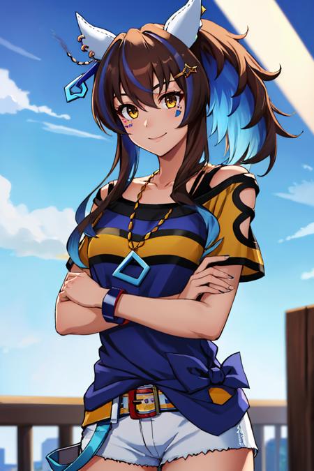 daitaku helios, side ponytail, ear covers, hairclip, horse tail blue shirt, short sleeves, white shorts, earrings, necklace, bracelet