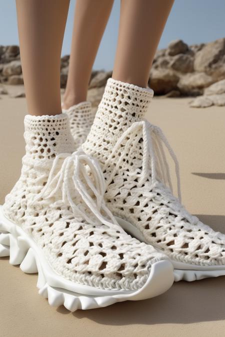 <lora:CROCHETED:1>CROCHETED - style luxe white crochet balenciaga ugly sneakers minimalism Mediterranean nature