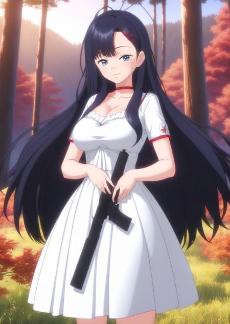 black hair, looking at the camera,  <lora:IchikaXL:0.9>, (adult:1.2), forest background, white dress, cowboy shot, blue eyes, masterpiece, animated by kyoto animation, 3d rendering, black hair, (closed eyes:1.3), big boobs, red hair clip, (gun, rifle, angry, holding a riffle, unhappy:1.2), high quality, best quality, masterpiece, best rendering, animated by Kyoto  Animation, animated by ufotable, animated by A-1 Pictures