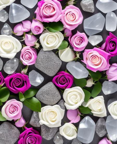 flowers roses, stones transparent and diamond crystal in water