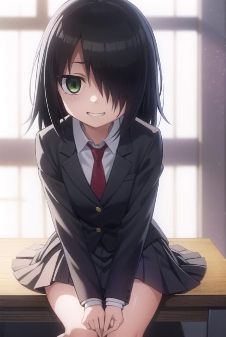 tomoko kuroki, long hair, black hair, (green eyes:1.3), (hair over one eye:1.5), bags under eyes, skirt, school uniform, necktie, blazer,