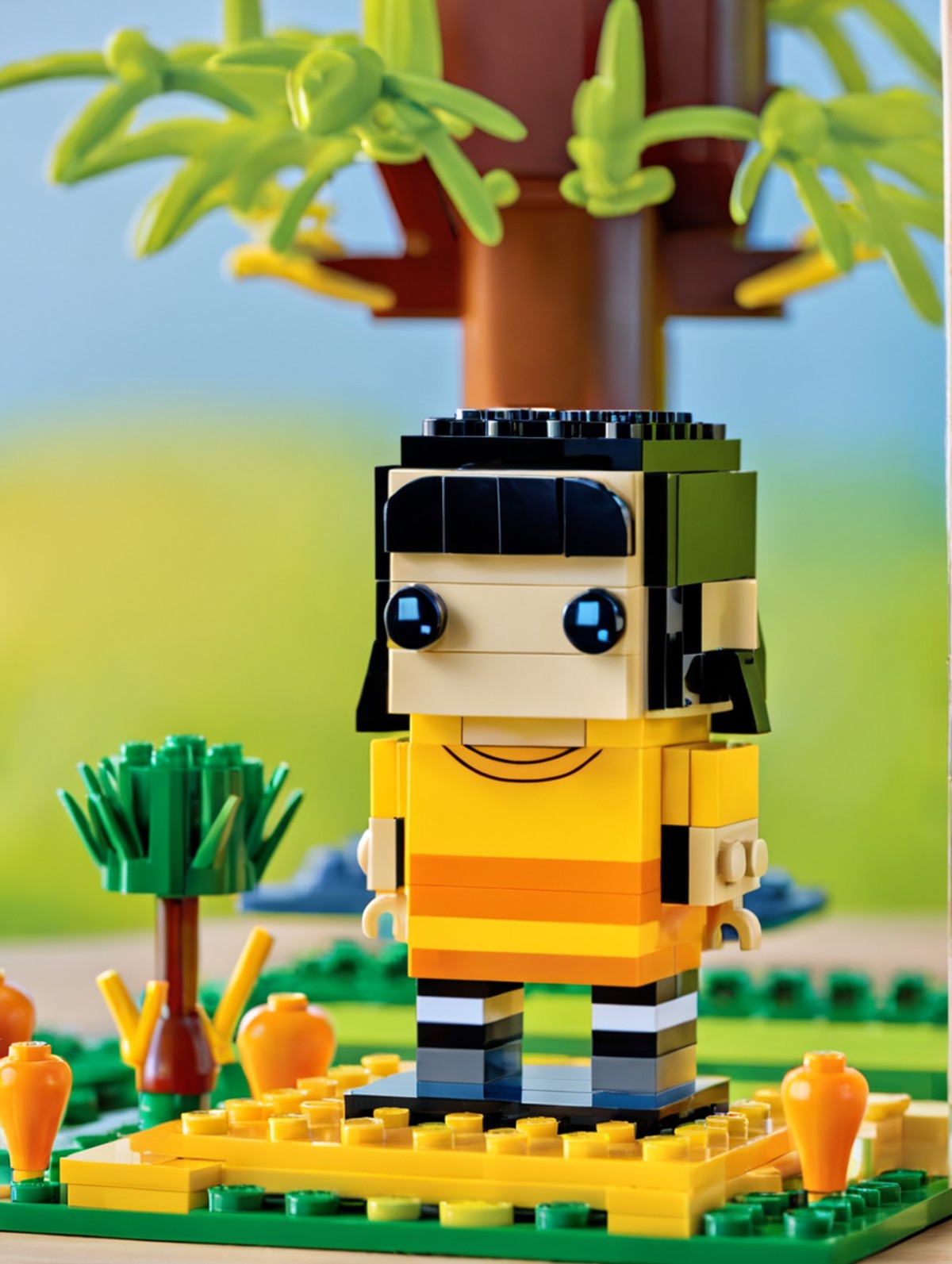 <lora:Lego_XL_v2.1:0.8> LEGO BrickHeadz,
In a field of golden wheat, a large doll with black short hair wears a yellow sho...