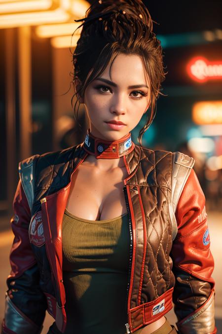 <lora:PanamV2:0.6.5> ((portrait shot)), a photo on Panam, (jacket:1), neon lights,  ((face_freckles:0.9)), good hand,4k, high-res, masterpiece, best quality, (head:1.3), finely detailed skin, sharp focus, (cinematic lighting), collarbone, soft lighting,