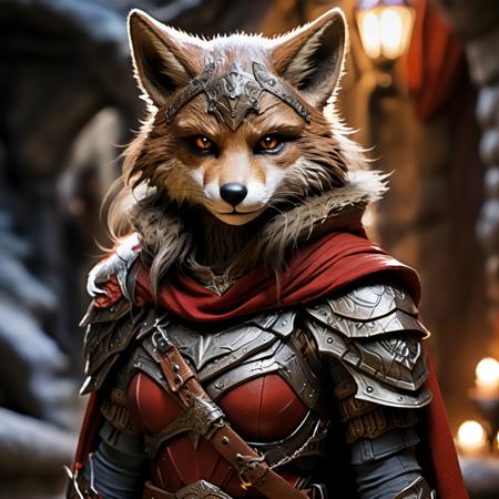 highly detailed full color candid photo of a werefox:1.2, 1girl,
solo, looking at viewer, brown eyes, upper body, weapon, belt, cape, armor, no humans, shoulder armor, pauldrons, breastplate, red cape, chainmail,
realistic, depth of field, blurry background,
medieval cavern,
(silhouette lighting:1.2),
