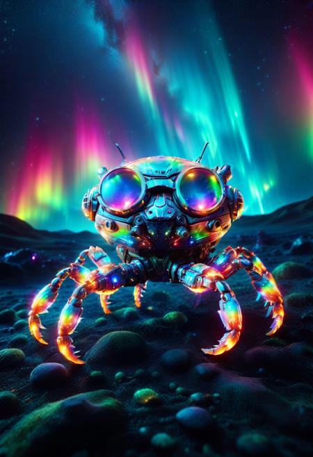 morph-aurora, extreme closeup cute small mecha crab, wear round goggles, from side, on space planet ground, space background, (rainbow Aurora texture:1.3), cinematic, cinematic lighting, (masterpiece, best quality:1.4), ultra-high res, 4k, insanely detailed, sfw,