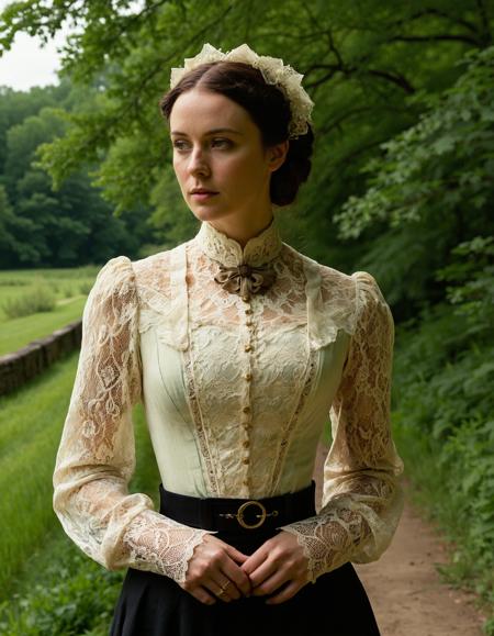 Portrait-1870, Stunning intricate 1870s victorian era vivid color raw portrait, dressed as a serene secretary, 1870s victorian era intricate lace blouse and chastity belt, outdoors, 1870s victorian era abandoned walkway, ebony&ivory aesthetic, 1870s victorian era photo, epic character composition, sharp focus, subsurface scattering, f2, 35mm