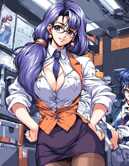 Elisa, blue hair, blue eyes, long hair,   glasses, large breasts,purple hair, earrings, jewelry,