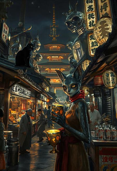 Setting is ancient Japanese street market at night in a city of an extremely advanced extraterrestrial civilization, ((all writing is in an alien script)), ((all lighting is exotic and of an extremely advanced technology.,  the market is comprised of street vendors selling food, exotic technological wonders, and alien clothing. The extraterrestrial beings have a variety of appearances (some are human-like, others are insectoid or feline or canine or reptilian, they are wearing a variety of clothing are walking through the street market shopping and eating, A black cat with red collar sits on a nearby wooden roof at a market kiosk. Behind the a kiosk counter are containers of exotic goods, (((a beautiful alien anthropogenic cat-like being, 24 years old, is standing in the foreground facing the viewer with a glowing metal goblet of beer in her paw/hand. Her eyes are beautiful and focused on the viewer, she has an expression of interested curiosity))), the being is dressed in exotic style clothing of a completely exotic aesthetic. Enormous metallic statues and temples are visible in the background and around the scene and smaller statues are prevalent in the market, Epic image that elicits a feeling of wonder and awe,