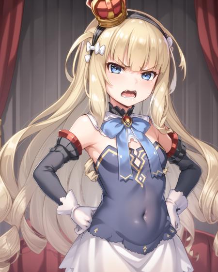 eqlc, 1girl, long hair, solo, strapless dress, blonde hair, crown, blue eyes, hairband, looking at viewer, white gloves, small breasts, flat chest, covered navel, bow, black hairband, detached sleeves, bangs, mini crown, detached collar, (angry:1.1), hands on hips, bedroom