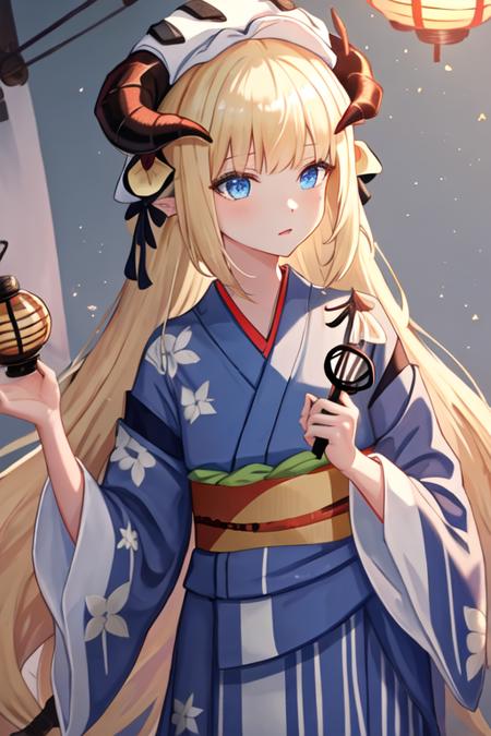 best quality, masterpiece, highres, solo, {yukata:1.40}, {kimono:1.20}, {nightingale_arknights:1.15}, long_hair, horns, blonde_hair, bangs, blue_eyes, hat, very_long_hair, white_headwear, upper_body, demon_horns