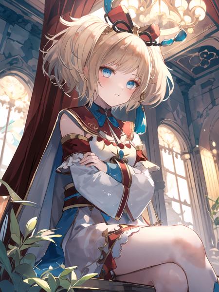 masterpiece,best quality,highres,cinematic lighting,dramatic angle,<lora:ResplendentPhoenixV1:0.8:lbw=jiangshi3>,1girl,light blonde hair,blue eyes,twintails,short hair,capelet,hair ornament,bowtie,tassel,jewelry,ribbon,white and red dress,frills,sash,detached sleeves,arms crossed,crossed arms,sitting,legs crossed,pout,<lora:å¼ºå åå´Concept_Pout:0.7>,looking at viewer,blush,shy,happy