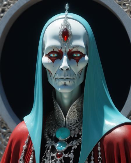 full body lich, detailed face, shadows, full body,  TURQUOISE, blood red,  intense color, silver, chrome,  illuminated face, sunlight shining through gemstone of semi-precious stone, Kay Nielsen , water, reflections, transparency, arch, moon, volumetric lighting, prismatic effect, blood, viewed from the side, <lora:add-detail-xl:1.0>  <lora:xl_more_art-full_v1:0.5>