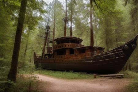 (masterpiece),   a pirate ship in a forest    , 8k, highest quality , by style-abandoned2