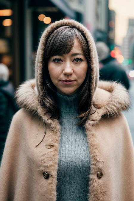 perfect cinematic shoot of a beautiful woman (EPKr1st3nSch44l:.99), a woman standing next to a (modest ramen shop), perfect bangs, wearing sexy (Caramel  Faux fur-trimmed cape coat with a hood and toggle closures for a chic and cozy look :1.2), (people in background:1.1), (detailed background:1.1), (face focus), modelshoot style, (extremely detailed CG unity 8k wallpaper), professional majestic (photography by Mona Kuhn:1.1), 24mm, exposure blend, hdr, extremely intricate, High (Detail:1.1), dramatic, soft cinematic light, (looking at viewer), (detailed atmosphere), 8k, highly detailed, rich environment, 4k textures, soft cinematic light, elegant, ((((cinematic look)))), soothing tones, insane details, hyperdetailed,  ("Dreams into reality with SDKoh!":1.1), (epiCPhoto)