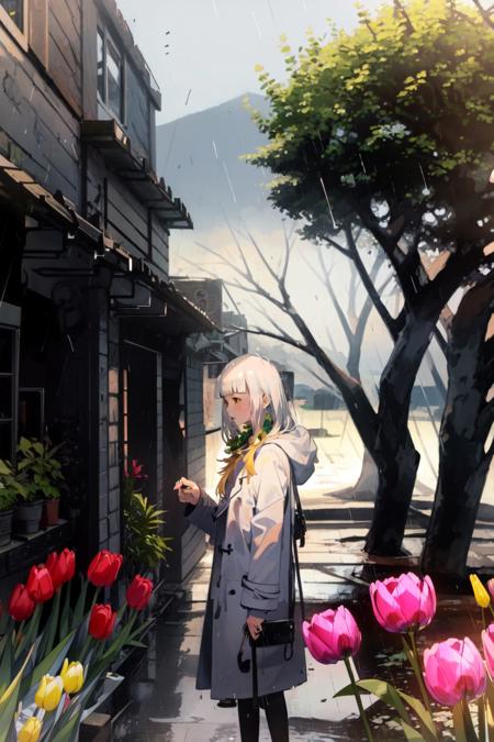 kukkastyle, scenery, raining, outdoors, Tulip \(flower\), blooming flowers, plants, trees, lens flare, mystic, mature female, silver hair, blunt bangs, yellow long coat <lora:kukka_style_v01:1>