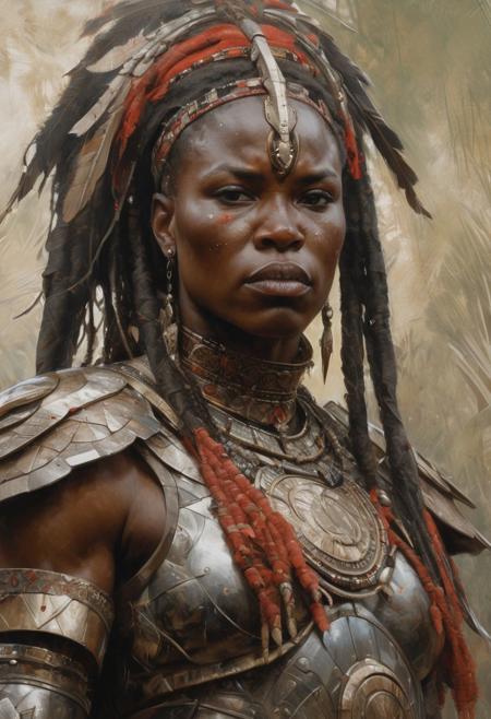 African Warrior Queen from Image comics, masterful painting in the style of Anders Zorn | Marco Mazzoni | Yuri Ivanovich, Todd McFarlane, oil on canvas