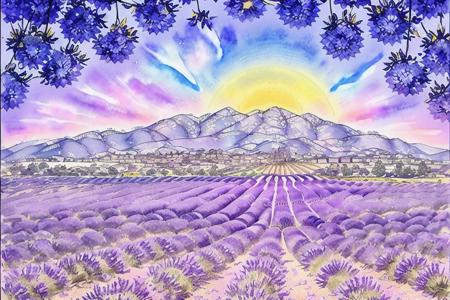 stunning watercolor painting of lavender fields by Floral_Graffiti, hyperdetailed, masterpiece