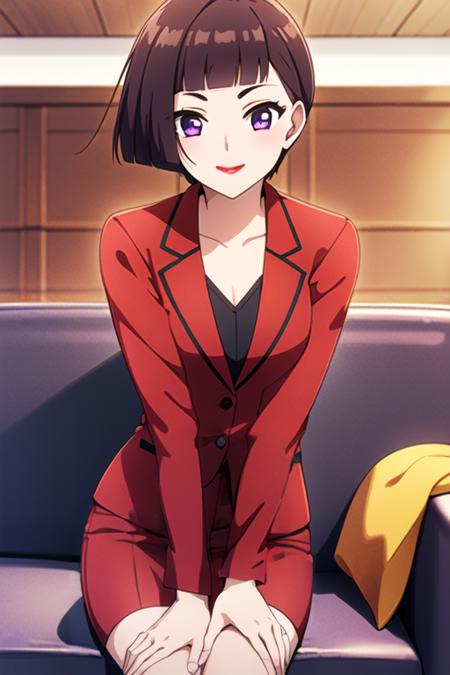 masterpiece, best quality, <lora:daidouji_sonomi:0.7> daidouji_sonomi, 1girl, solo, short hair, brown hair, purple eyes, looking at viewer, lipstick, makeup, looking at viewer, smile, indoors, red couch, red suit, red blazer, red skirt, pencil skirt, from below,