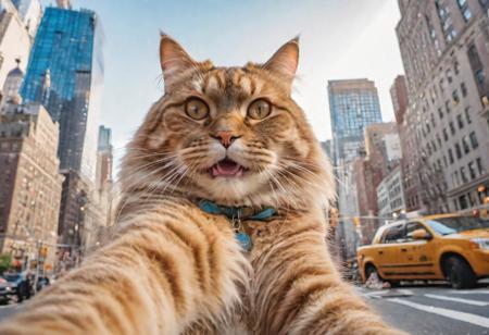 (dogs and a big fat fluffy cat, smiling taking a selfie) with a (super wide angle lenses:0.67). happy vibes, New York city center backdrop. warm lighting. Masterpiece, 8k uhd, iconic, cinematic