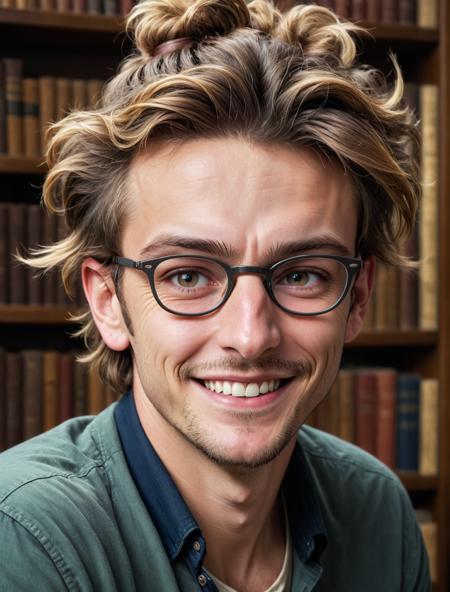 (close up:1.2), a hyperdetailed hyperrealist maximalist photograph of a genius nerd boy Dimitry portrait, 80mm, messy hair in a manbun, smiling, unimaginable quality, world leading image clarity, sharp vibrant and correctly exposed, skin wrinkles and cute blemishes, freckles, antique library filled with ancient tomes of vast wisdom and knowledge, the eyes are alive and detailed with its focused iris, graded professionally, 4K image of high definition and edge enhancement, bright face and reflective eyes, <lora:XKSTDOv2-000024:0.05>