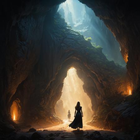 a woman in a black dress walking into a cave with a giant doorway in the background and a giant light in the middle, Christophe Vacher, art greg rutkowski, concept art, fantasy art<lora:xl_more_art-full_v1:0.95>