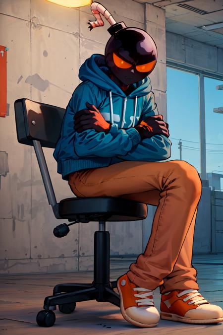 masterpiece, best quality, absurdres, WhittyFNF, bomb head, blue hoodie, orange pants, orange sneakers, sitting, indoors, chair, <lora:WhittyFNF:1>