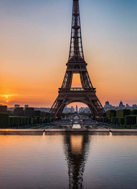 eiffel tower, sunset, masterpiece, best quality, highly detailed background, perfect lighting, best quality, 4k, 8k, ultra highres, raw photo in hdr, sharp focus, intricate texture, best quality, 4k, 8k, ultra highres,  sharp focus, intricate texture