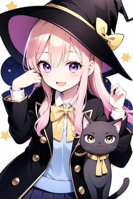 1girl, hat, witch hat, purple eyes, pink hair, shirt, cat, black headwear, white shirt, long hair, smile, skirt, bangs, bow, yellow bow, jacket, collared shirt, long sleeves, looking at viewer, black jacket, black cat, ribbon, open mouth, blue skirt, :d, solo, crescent, hair between eyes, yellow ribbon, star (symbol), pleated skirt, white background, animal, yellow bowtie, black robe, witch, blush, neck ribbon, hand on headwear, school uniform, <lora:Yousuke Kaneda:0.8>