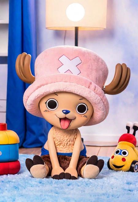 (Ultrarealist Animal:1.5) (Tony Tony Chopper:1.5) (Cute:1.3)In a bright child's room he is sitting on the floor, with some toys, he is very sweet, he is small, innocent and super cute, rays of light illuminate the little one coming from a window with white curtains, the room has a colorful bed a white and blue closet, there is a stuffed animal of the Karoo duck from One Piece next to it, as well as a lot of toys on the floor,8k,(((realistic brown hair in full body and face))), blue nose,ultradetailed background, beautiful photography, (soft fur:1.3), adorable, whimsical, affectionate, cuddling, (((soft fur))), tiny paws, expressive eyes, sunset glow,