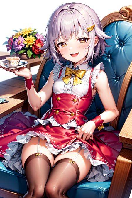 <lora:koshimizu_sachiko:1>koshimizu_sachiko, (small breasts:1.5),  (1girl), blush, short hair, purple hair, brown_eyes, hairclip, (yellow bowtie), white background, (hand_on_own_face), looking_at_viewer, open_mouth, skirt, skirt_lift, smile, thighhighs, (burgundy skirt), white frilled skirt,