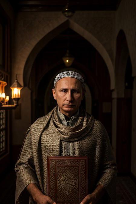 RAW photo, Vladimir Putin, 8k uhd, dslr, high quality, cinematic lighting, photorealistic, wear keffiyeh at shoulder , and moslem cloth , bring al quran , baground mosque , in rustic room , dimly lit <lora:epi_noiseoffset2:0.9>, low key, serious expression, intricate details, masterpiece, award winning , perfect head , professional artwork , perfect artwork